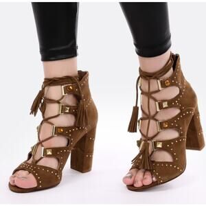 ASH Alexa Studded Lace Up Block Heels Suede Leather Sandals Boho Y2K